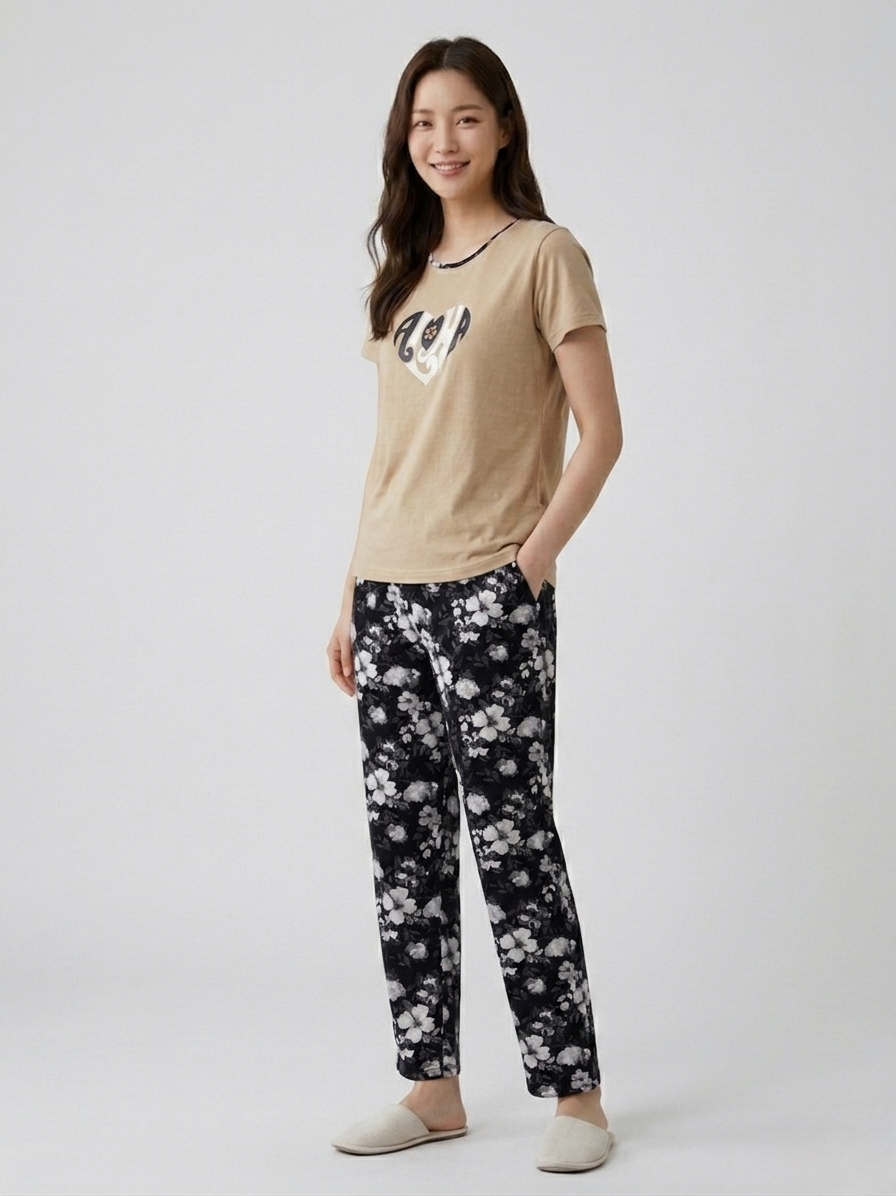 Trendy women nightwear set with T-shirt and pyjama combo. Perfect for sleeping, relaxing, and regular home wear.