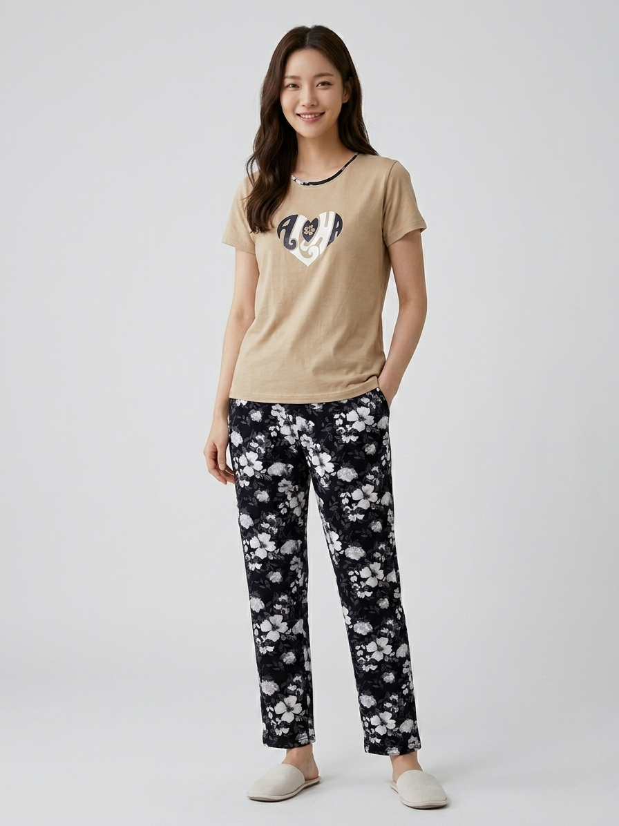 Trendy women nightwear set with T-shirt and pyjama combo. Perfect for sleeping, relaxing, and regular home wear.